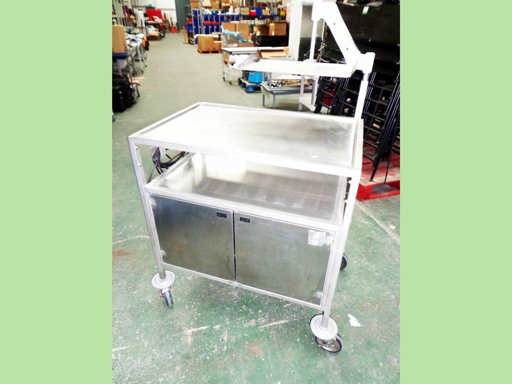 Stainless Steel Trolley With Removeable Top, Double Door Cupboard, Power Sockets and Keyboard/Monito